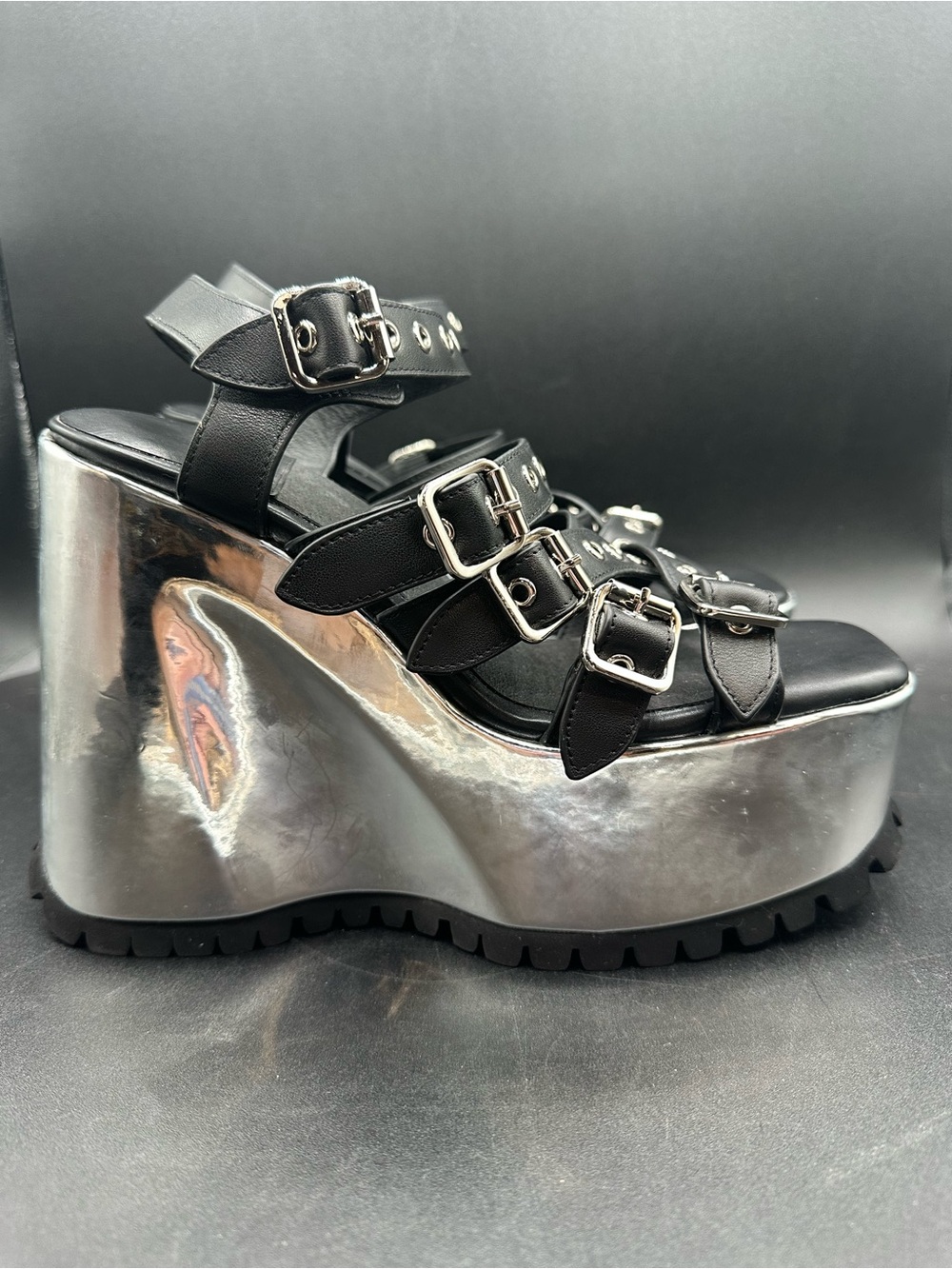 Jeffrey Campbell Voidoid Platform Sandals Black Silvers Strappy Buckles